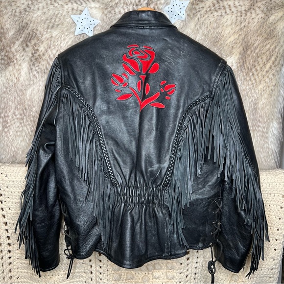 Vintage Black Leather Rose Motorcycle Jacket - Picture 7 of 7